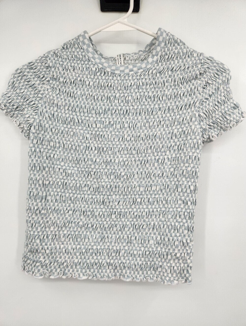 American Eagle Checkered Smocked Baby Tee Womens Size Medium Light Blue White